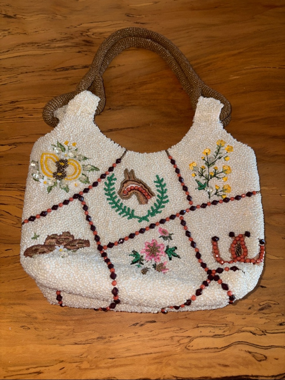 Viral Beaded Handcrafted Fun Western Themed Handbag in White with Brown Handles